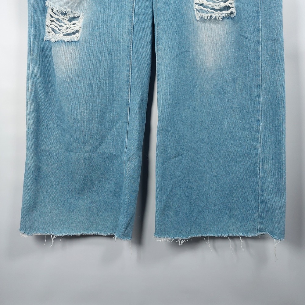 Shein Womens High Waist Wideleg Straight Jeans Sz L Distressed Pockets Lt Blue - Picture 5 of 8
